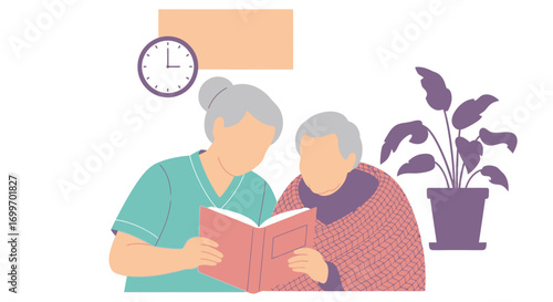 Kind Caregiver Reading a Story to a Senior Woman.
