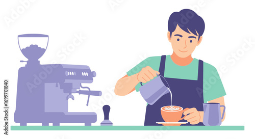 Male barista preparing a coffee beverage with an espresso machine.