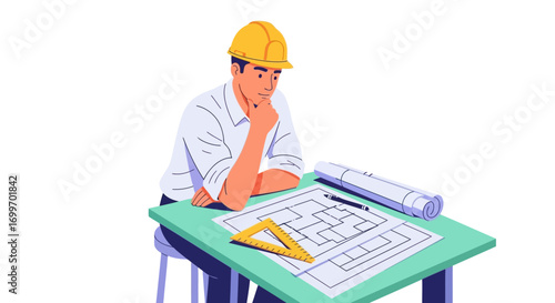 Male architect in a yellow hard hat reviewing building plans.