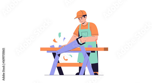 Male carpenter in an apron sawing a wooden plank on a sawhorse.