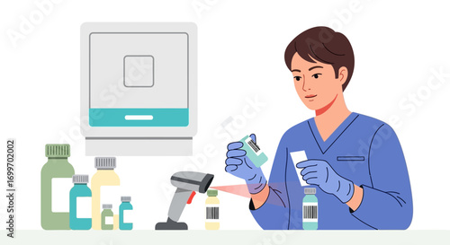 Male Pharmacist in Scrubs Dispensing Medication.