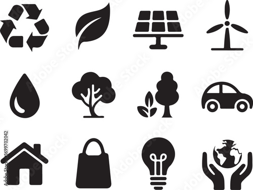 Eco-friendly icons representing sustainability, renewable energy, and nature