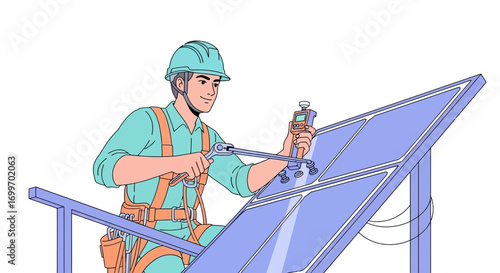 Male technician in safety gear installing solar panels.