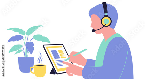 Man with headset working remotely on a digital tablet illustration.