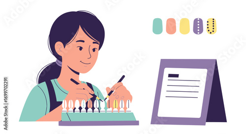Nail artist creating colorful designs on samples.