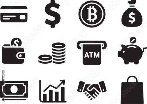 Finance and banking symbols for business, money, and savings.
