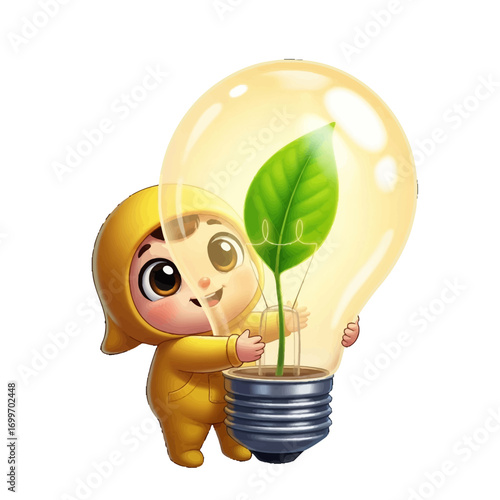 Child in yellow raincoat joyfully holding a light bulb with a green plant inside, symbolizing sustainability