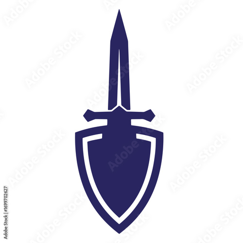 Blue silhouette illustration of sword and shield symbol isolated on white background