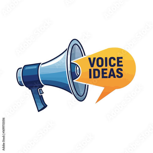 Colorful megaphone with speech bubble conveying the message 'Voice Ideas,' ideal for communication themes