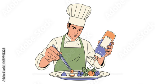 Professional chef carefully plating a gourmet meal with precision.