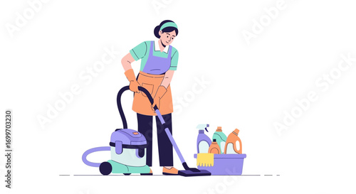 Professional Cleaning Service Woman with Vacuum Cleaner.