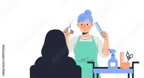 Professional hairstylist giving a haircut to a client in a salon.