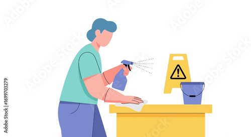 Professional Janitor Cleaning a Surface with Sanitizer.