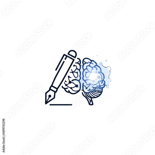 Creative illustration of a brain with a fountain pen, symbolizing the fusion of intellect and art