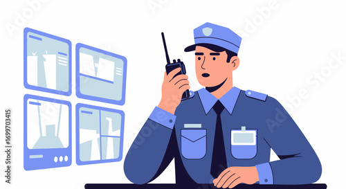 Security guard monitoring CCTV surveillance system illustration.