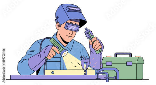 Skilled Welder at Work with Tools and Equipment.