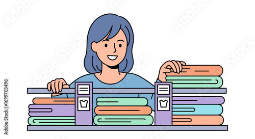 Smiling Woman Organizing Folded Clothes on a Shelf.
