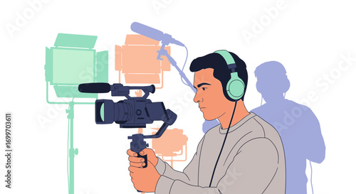 Videographer operating a professional camera with audio equipment.