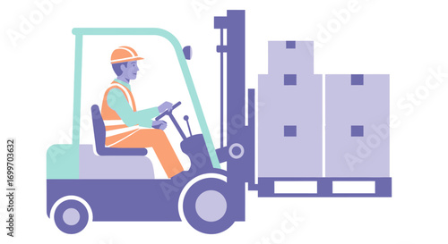Warehouse worker operating a forklift with a pallet of boxes.