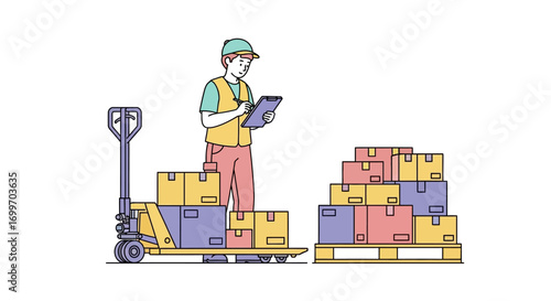 Warehouse worker checking inventory with a clipboard and pallet jack.