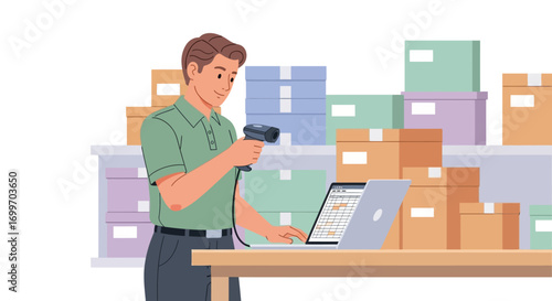 Warehouse worker scanning barcode with laptop for inventory management.