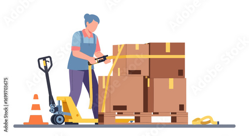 Warehouse Worker Securing a Pallet of Boxes for Transport.