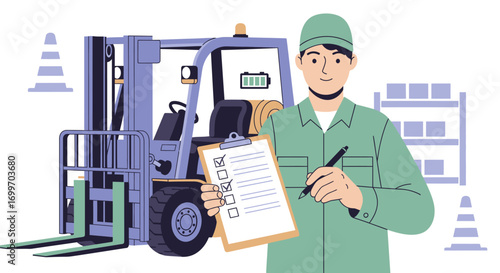 Warehouse Worker with Clipboard Performing Forklift Safety Inspection.