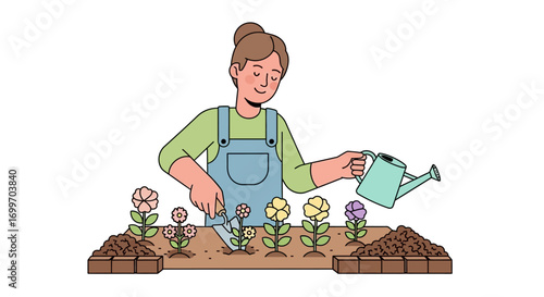 Woman Tending to Her Flower Garden with Watering Can and Shears.