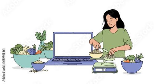 Woman Weighing Healthy Grains on a Digital Kitchen Scale with Laptop.