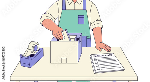 Worker in an apron packing an order into a cardboard box.