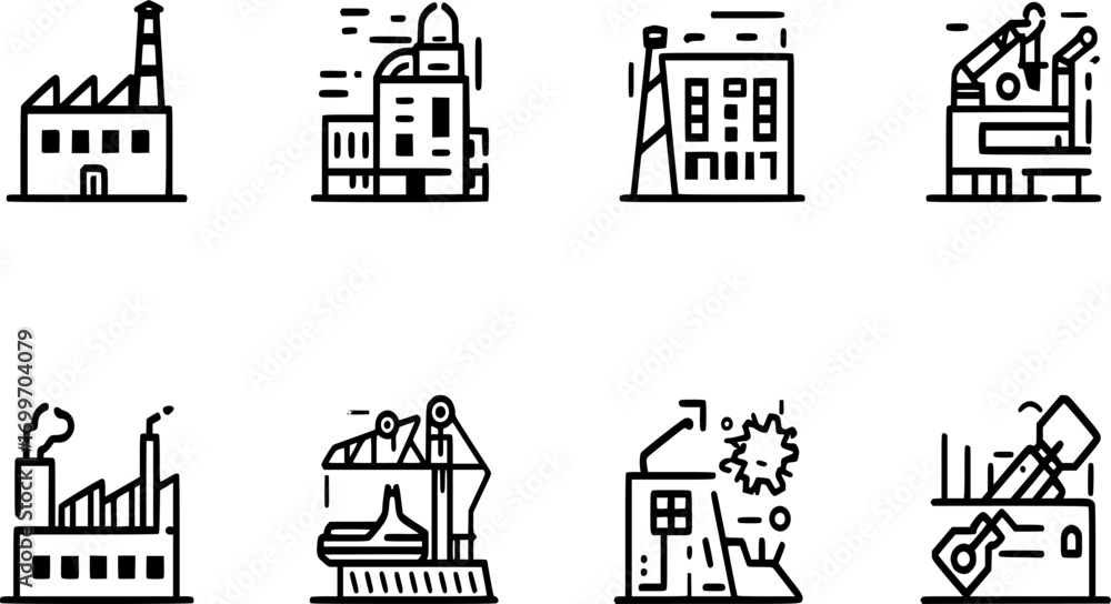 Fototapeta premium Industrial flat icon set in black and white style | factory, tools, machinery, engineering symbols.
