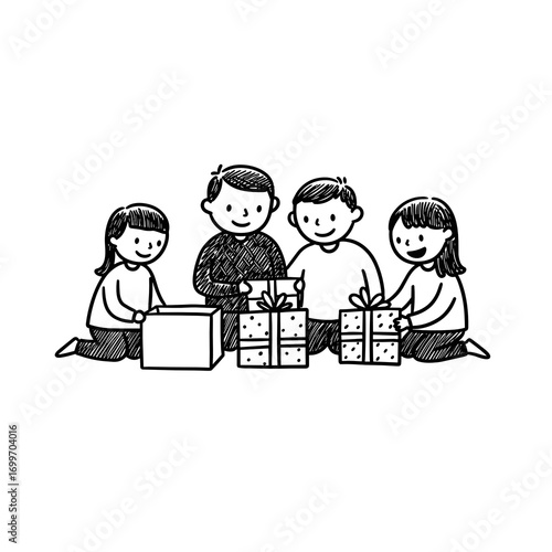 Children opening presents and enjoying together for New Year's Day  