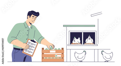 Young farmer collecting fresh eggs from a poultry farm.
