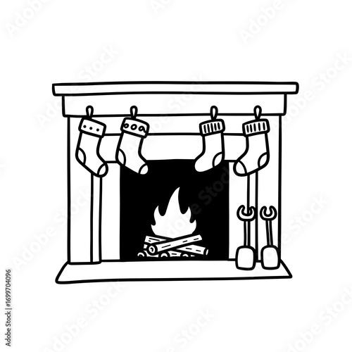 Fireplace decorated with stockings and fire for New Year's Day  