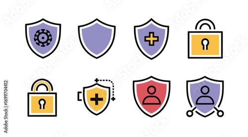 A colorful collection of modern flat line icons representing concepts of digital security, user data protection, and health safety