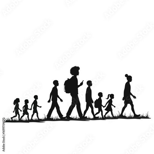 Diverse group of children and adults walking in silhouette