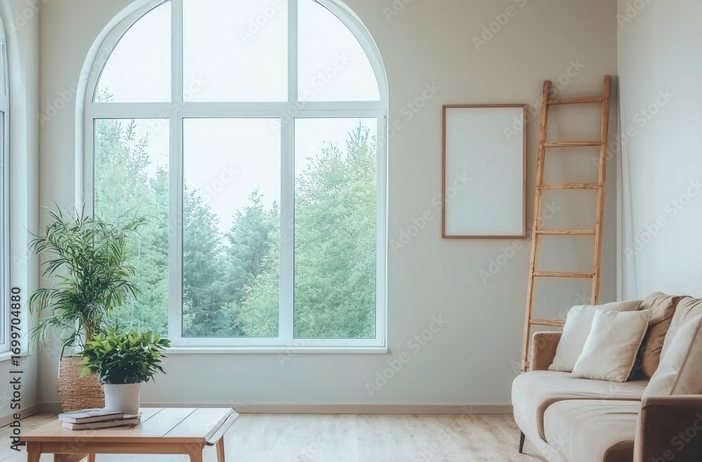 Fototapeta premium Bright and Cozy Living Room with Large Windows and Nature View