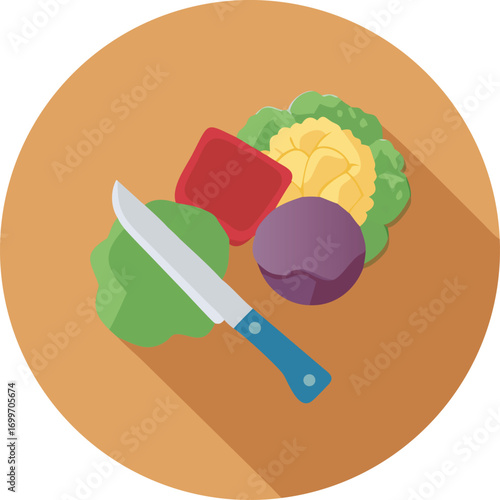 Colourful icon with shadow depth, showing brassicas on a cutting board.