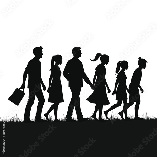 Family walking in a line silhouette holding hands people