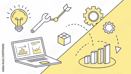 Business strategy and development icons with graphs and tools