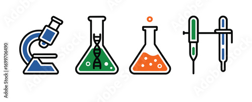A modern flat line icon set for science, chemistry, and biology research, featuring a microscope, DNA flask, and laboratory glassware