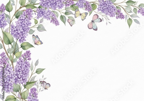 Watercolor Lilac Flowers and Butterflies Border on White Background in Detailed