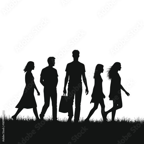 Five people walking in silhouette with a shopping bag