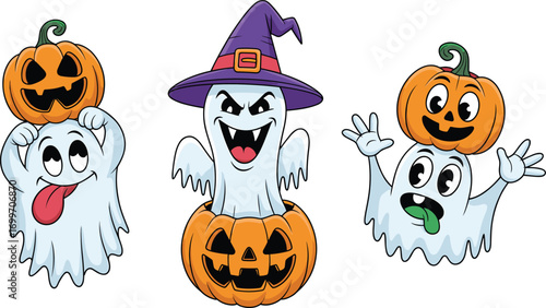 Cute Halloween ghosts with pumpkins, spooky cartoon characters, funny ghost expressions, witch hat, trick or treat, Halloween humor, festive illustration, fall celebration clipart, fun decor.