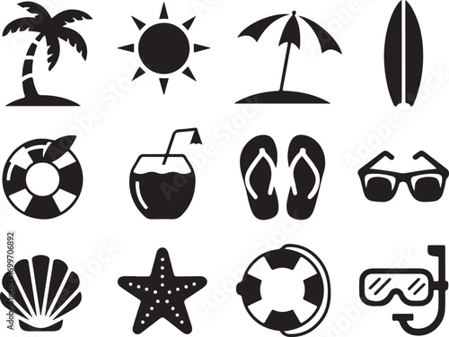 Summer vacation icons for travel, beach fun, and holiday vibes