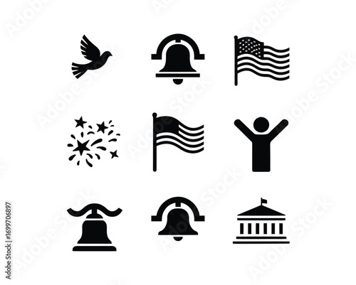 A varied collection of simple black icons for American Independence Day, including flags, bells, and fireworks for patriotic designs