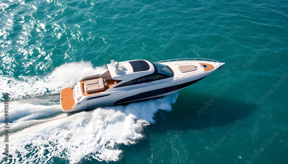 Fototapeta premium Sleek white luxury motor yacht speeding across turquoise ocean waters.