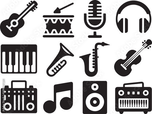 Musical instruments icons set for music, bands, and entertainment.