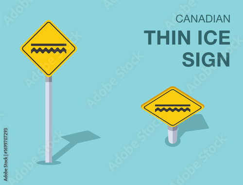 Traffic regulation rules. Isolated canadian "thin ice" road sign. Front and top view. Flat vector illustration template.