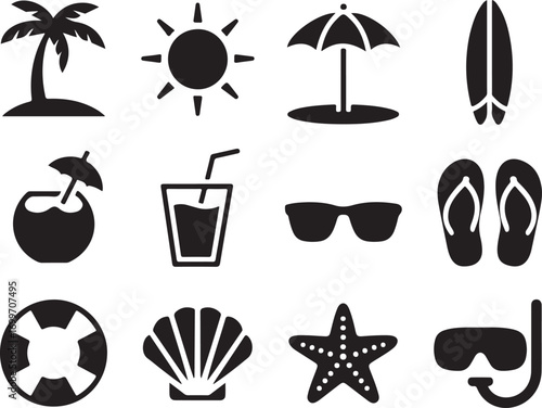 Summer vacation icons for travel, leisure, and beach fun
